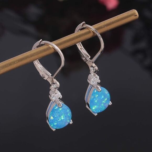 14K White Gold with Genuine Blue Fire Opal and CZ Teardrop Leverback Earrings - Picture 3 of 4